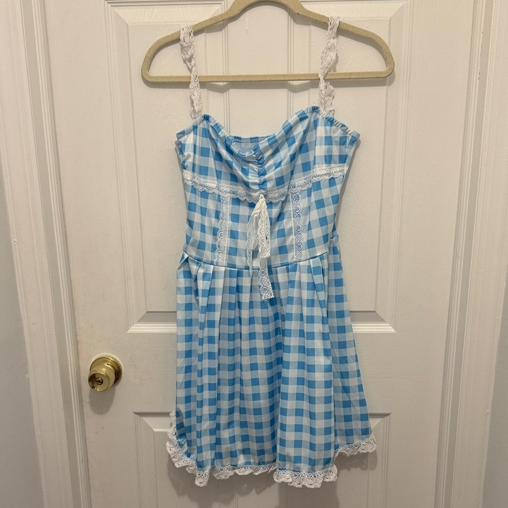 Blue and White Checkered teen Dress with Lace Trim